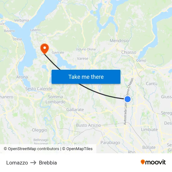 Lomazzo to Brebbia map
