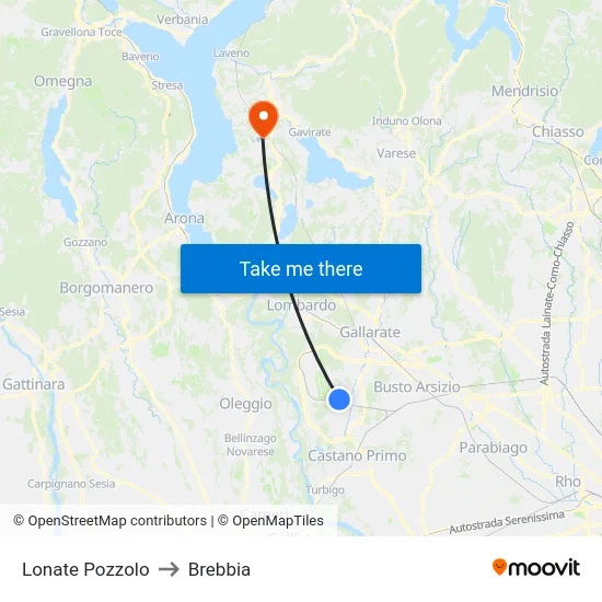 Lonate Pozzolo to Brebbia map