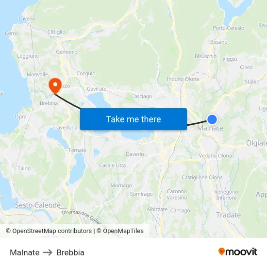 Malnate to Brebbia map