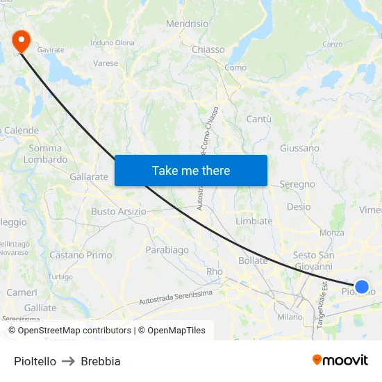 Pioltello to Brebbia map