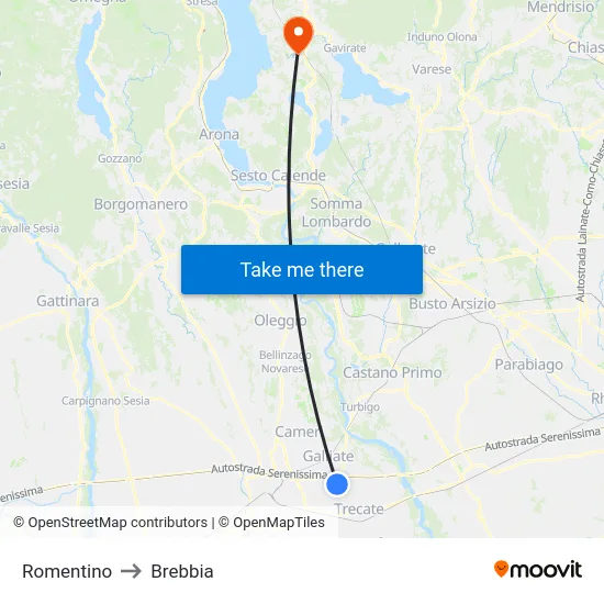 Romentino to Brebbia map