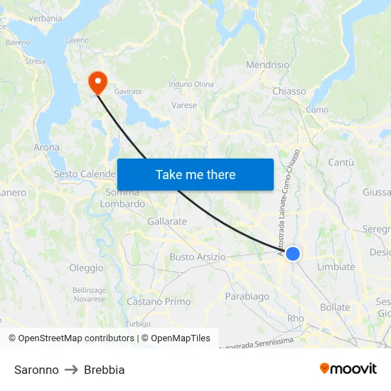 Saronno to Brebbia map