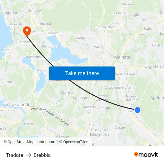 Tradate to Brebbia map