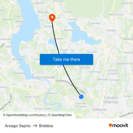 Arsago Seprio to Brebbia map