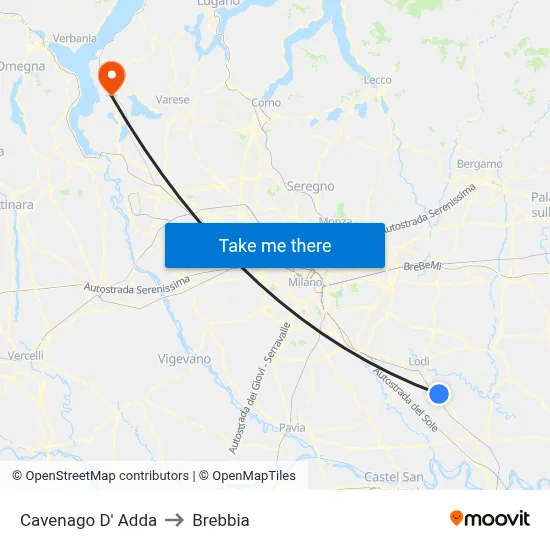 Cavenago D' Adda to Brebbia map