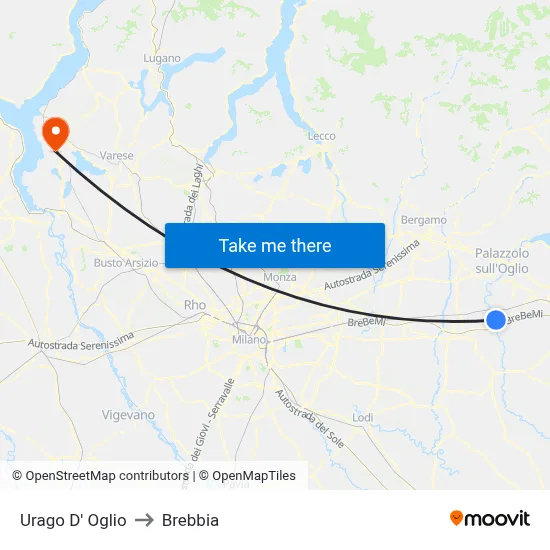 Urago D' Oglio to Brebbia map