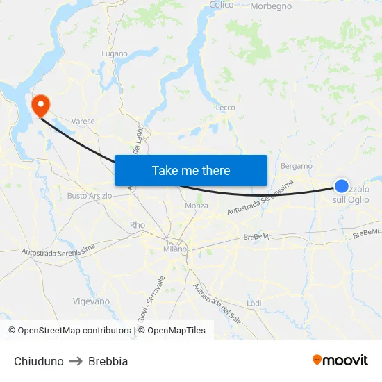Chiuduno to Brebbia map