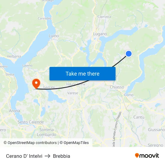 Cerano D' Intelvi to Brebbia map