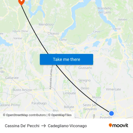 Cassina De' Pecchi to Cadegliano-Viconago map