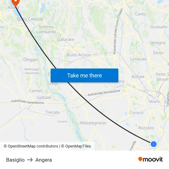 Basiglio to Angera map