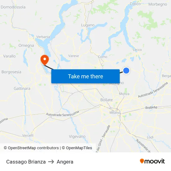 Cassago Brianza to Angera map