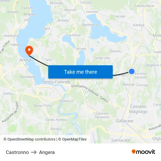 Castronno to Angera map