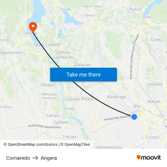 Cornaredo to Angera map