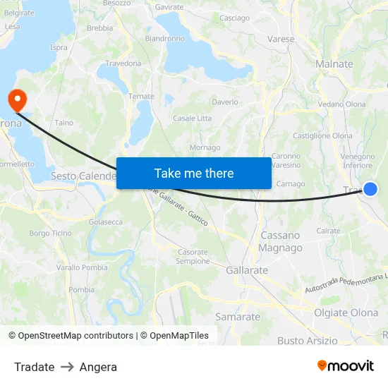 Tradate to Angera map