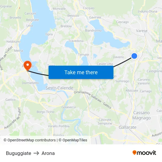 Buguggiate to Arona map