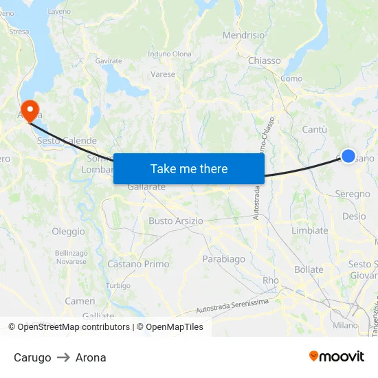 Carugo to Arona map