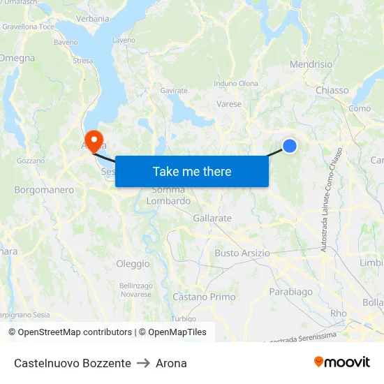 Castelnuovo Bozzente to Arona map