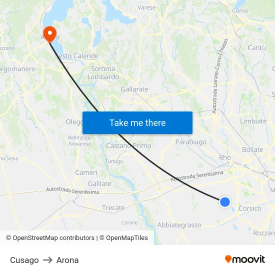 Cusago to Arona map