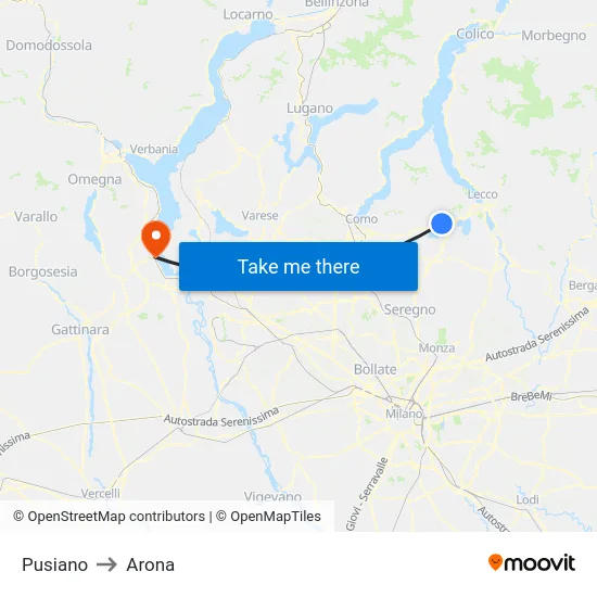 Pusiano to Arona map