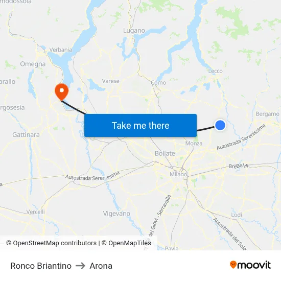 Ronco Briantino to Arona map