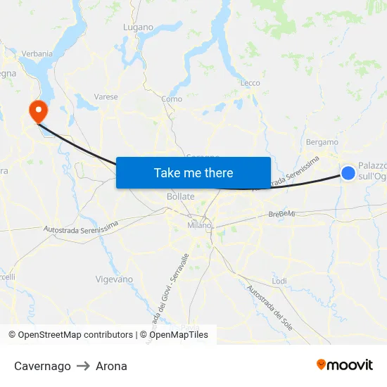 Cavernago to Arona map
