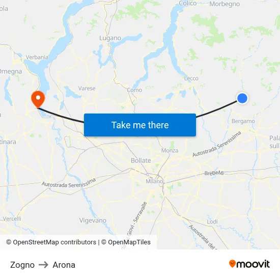 Zogno to Arona map