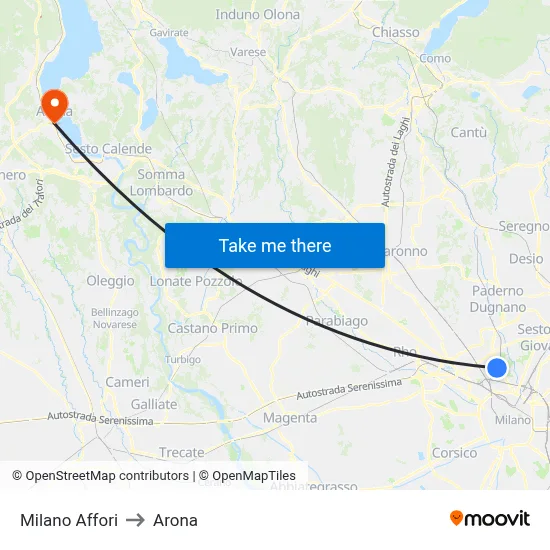Milano Affori to Arona map