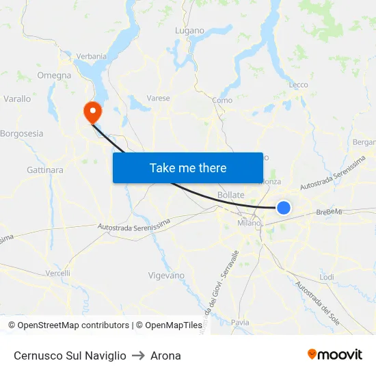 Cernusco Sul Naviglio to Arona map