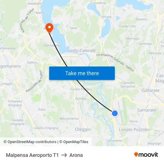 Malpensa Aeroporto T1 to Arona map