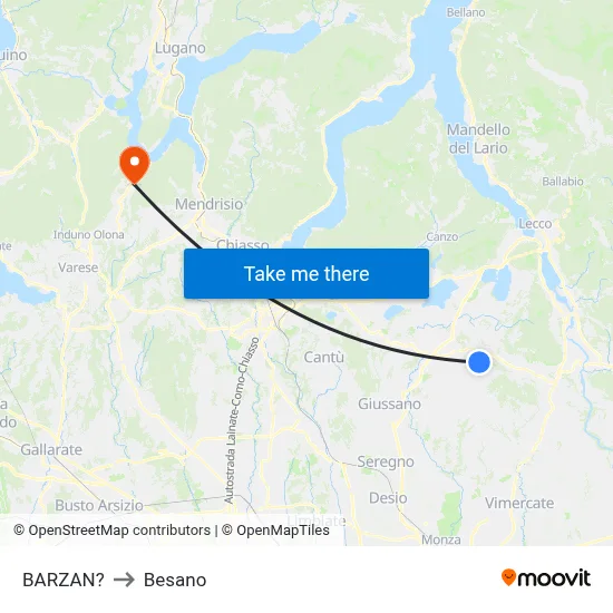 Barzan to Besano map
