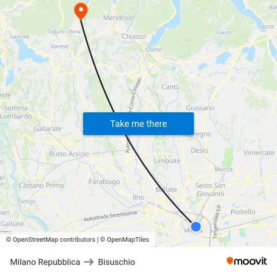 Milano Repubblica to Bisuschio map