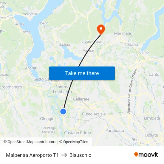Malpensa Aeroporto T1 to Bisuschio map