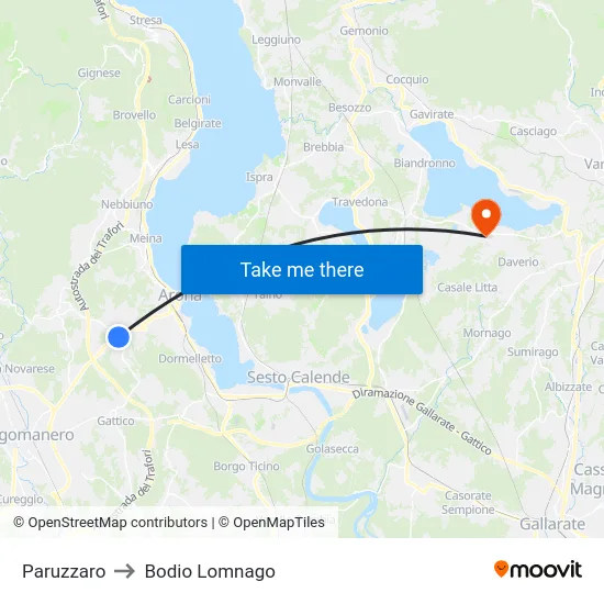 Paruzzaro to Bodio Lomnago map