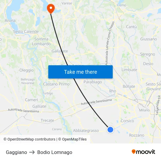 Gaggiano to Bodio Lomnago map