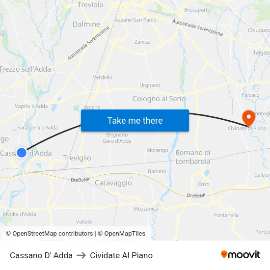 Cassano D' Adda to Cividate Al Piano map