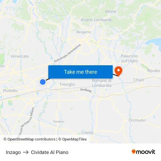 Inzago to Cividate Al Piano map