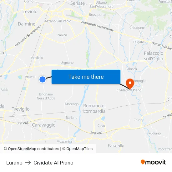 Lurano to Cividate Al Piano map