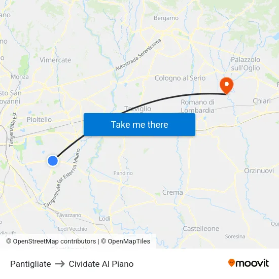 Pantigliate to Cividate Al Piano map
