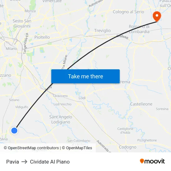Pavia to Cividate Al Piano map