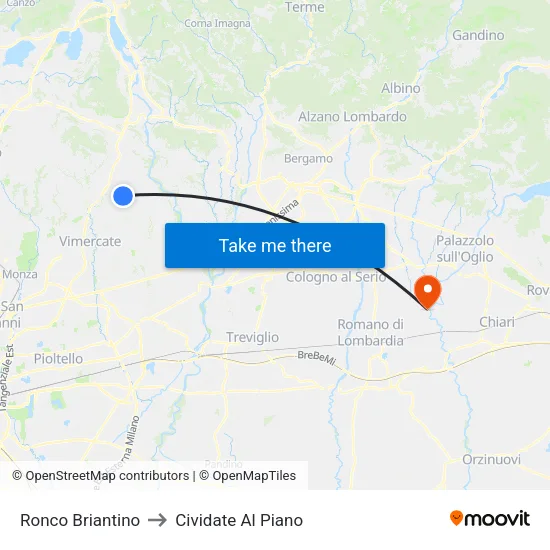 Ronco Briantino to Cividate Al Piano map