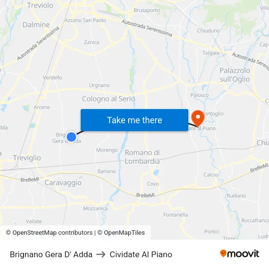 Brignano Gera D' Adda to Cividate Al Piano map