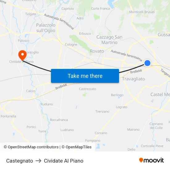 Castegnato to Cividate Al Piano map