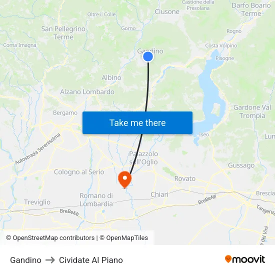 Gandino to Cividate Al Piano map