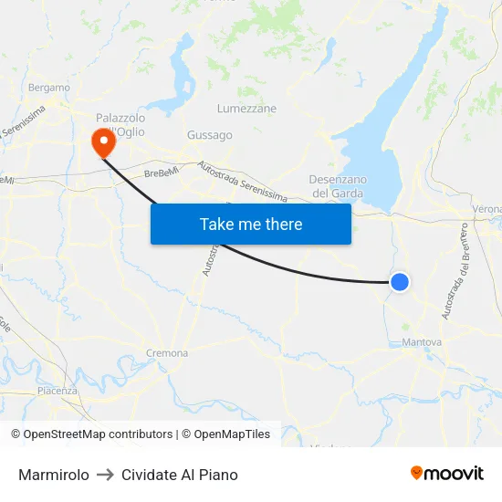 Marmirolo to Cividate Al Piano map