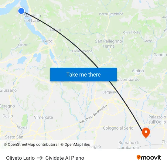 Oliveto Lario to Cividate Al Piano map