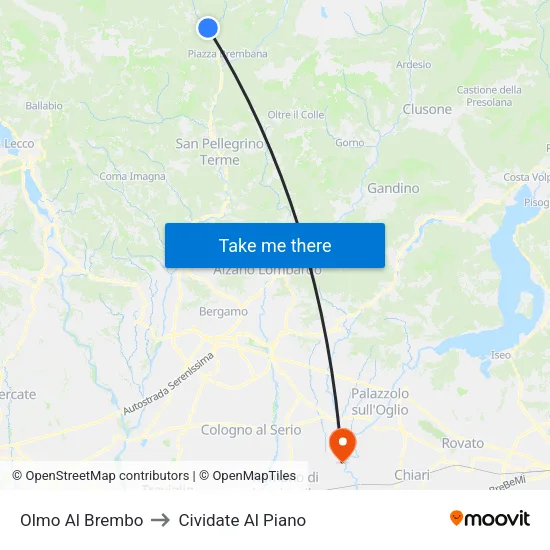 Olmo Al Brembo to Cividate Al Piano map
