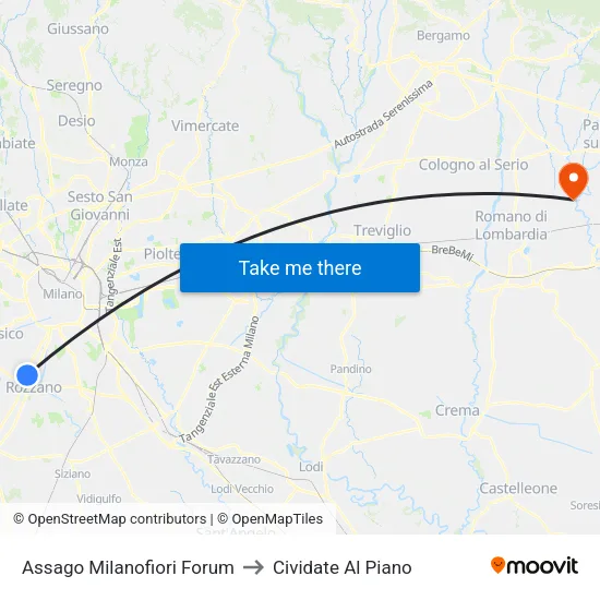 Assago Milanofiori Forum to Cividate Al Piano map