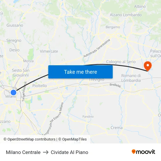 Milano Centrale to Cividate Al Piano map