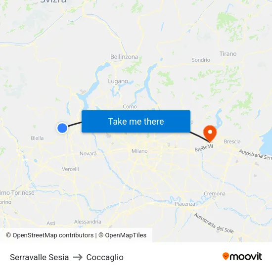 Serravalle Sesia to Coccaglio map