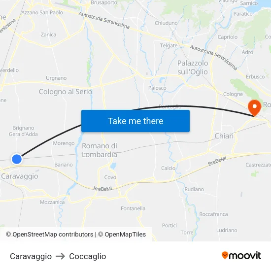 Caravaggio to Coccaglio map